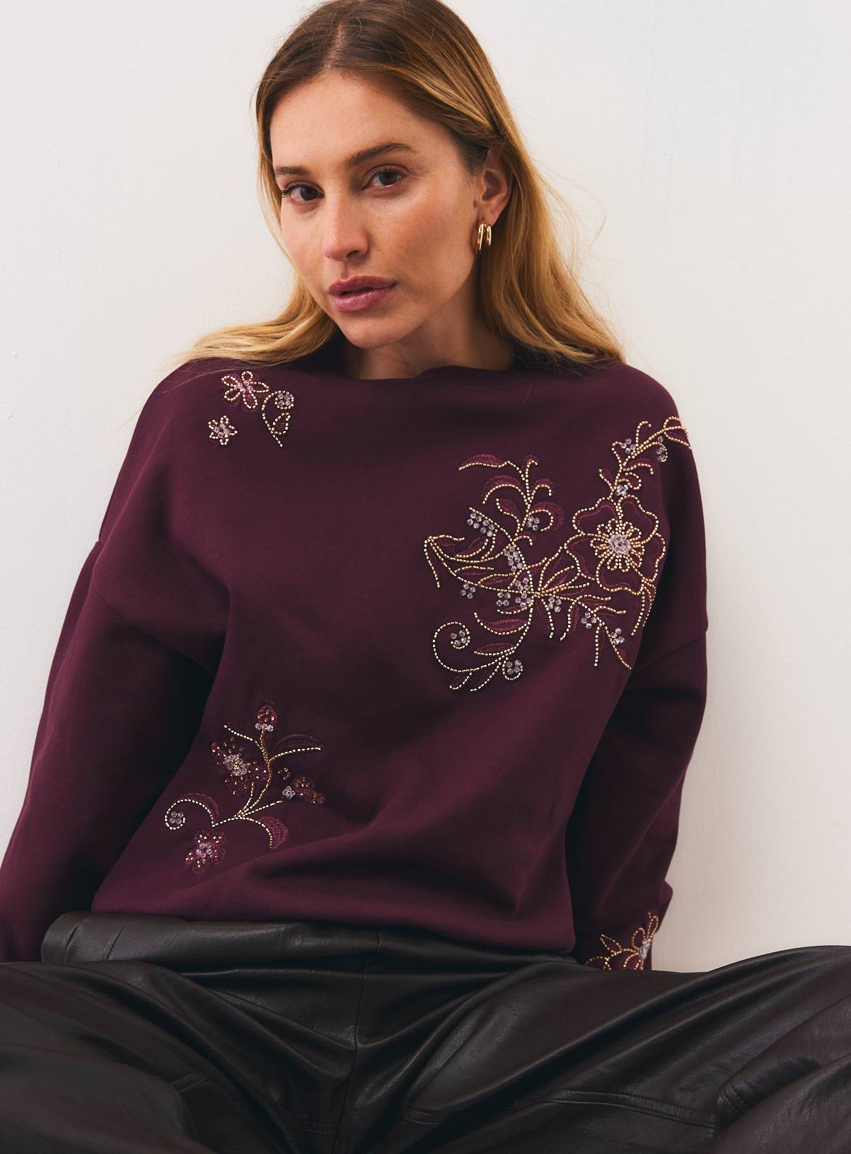 Dark Red Embellished Flower Sweatshirt L - Image 1
